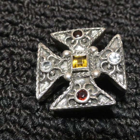 Sterling Silver 925 Iron Cross Pendant W/ Citrine,Garnet,Blue Topaz Crys… - Picture 5 of 5